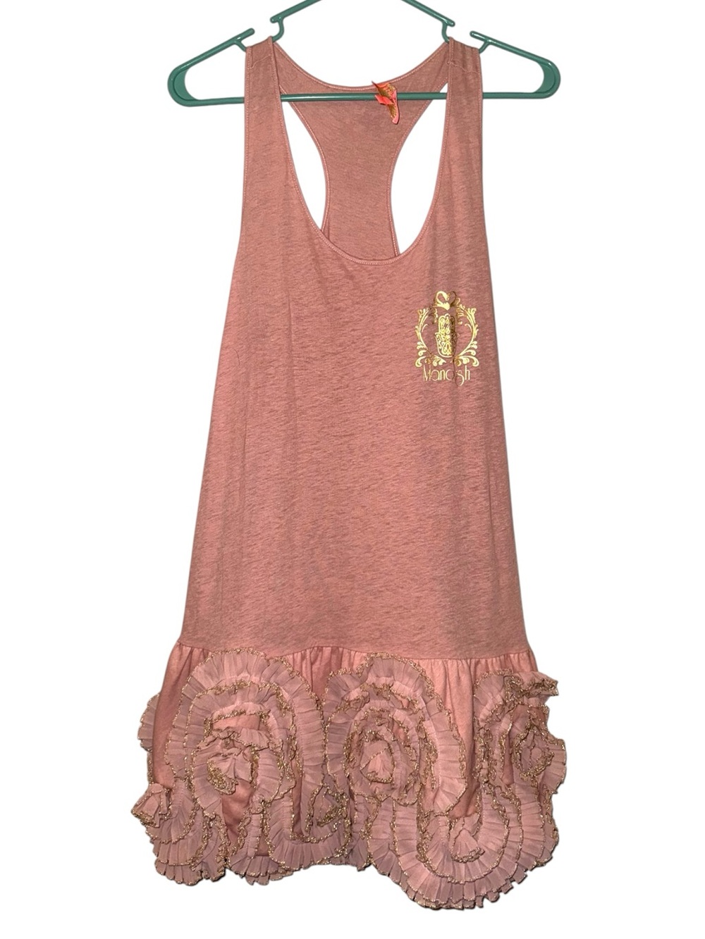 Manoush vintage New Women’s Pink and Gold Ruffled Racerback Mini Dress